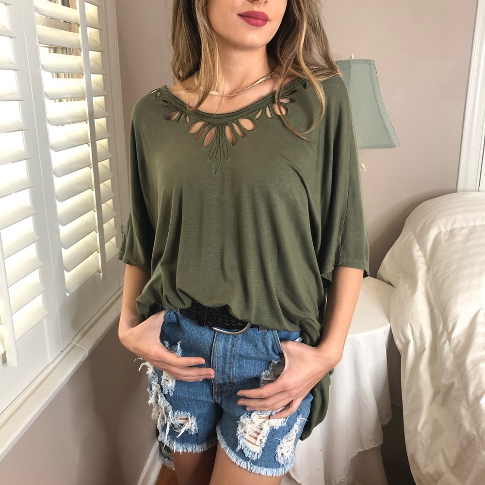 7 LEFT S-2X Oversized Camo Olive Green STRETCHY Spring Cut Out T Shirt